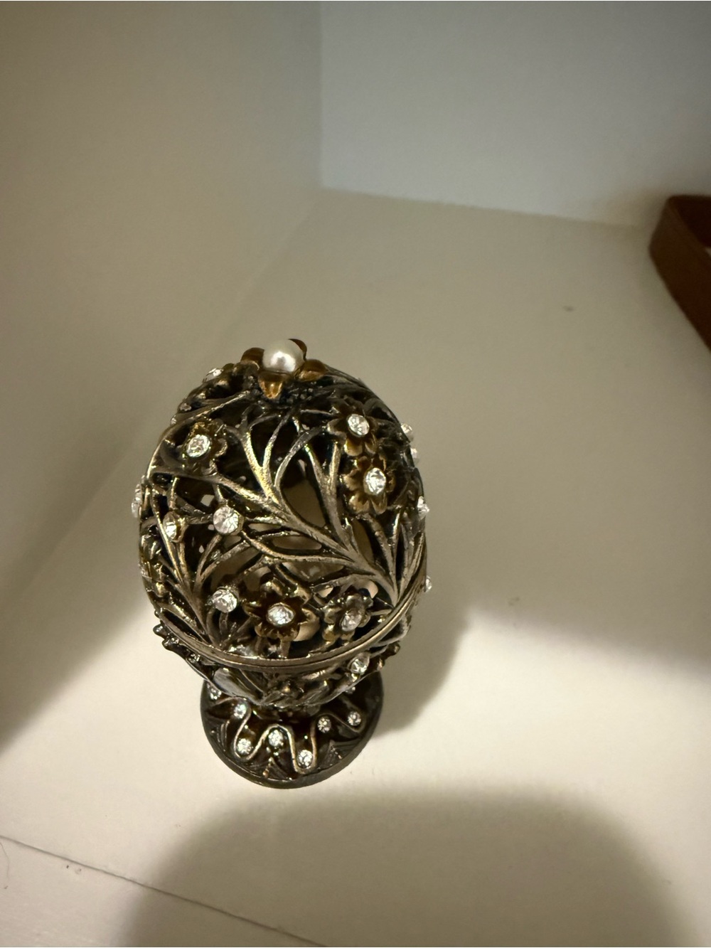 Ornate Filigree Decorative Egg Accent in Antique Gold with Rhinestones
